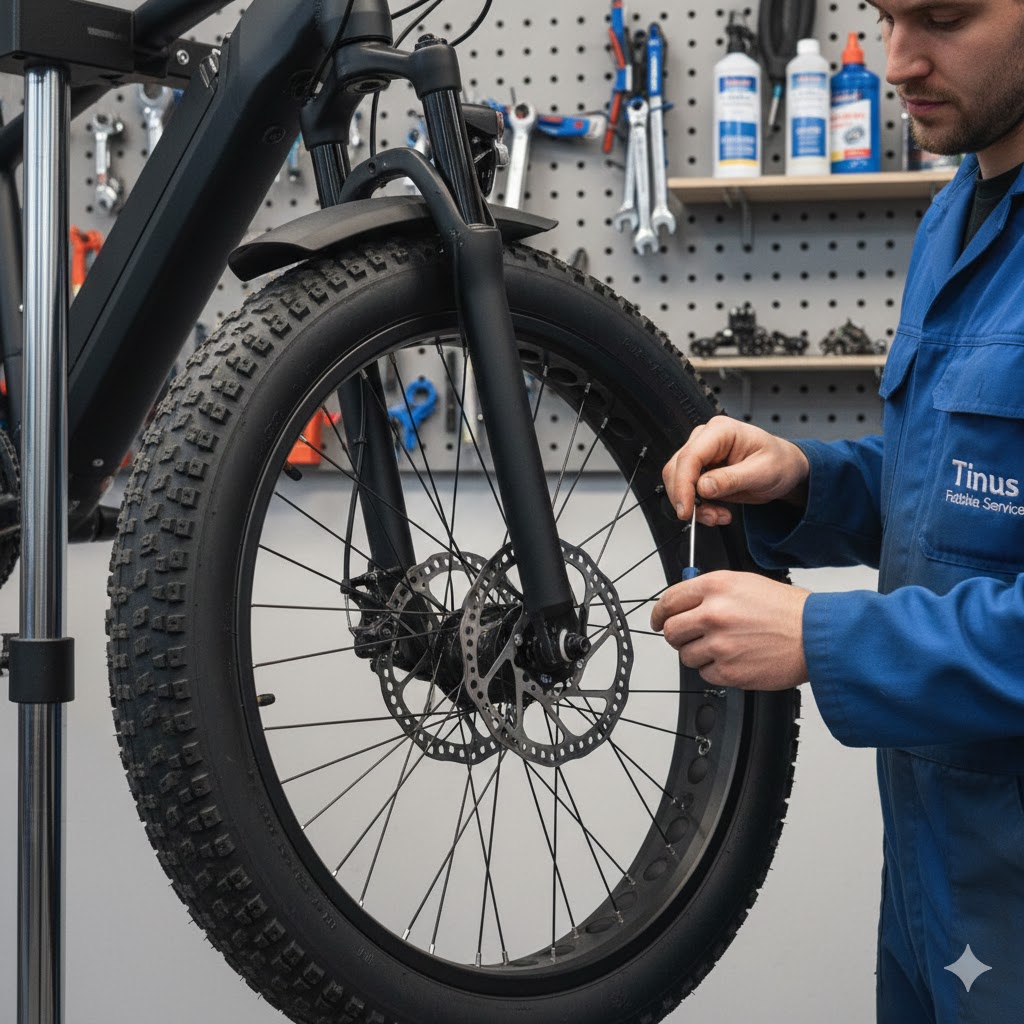 Een vakbekwame monteur van Tinus Fatbike Service in Terneuzen voert een nauwkeurige inspectie uit aan het remsysteem en de remblokjes van een fatbike. In de professionele werkplaats aan de Hughersluys wordt gecontroleerd op schurende geluiden, remkracht en hydraulische druk om maximale veiligheid en grip te garanderen. Deze deskundige controle voorkomt schade aan schijfremmen voor populaire modellen zoals de Ouxi V20 en Phatfour in heel Zeeuws-Vlaanderen, van Axel tot Hulst.