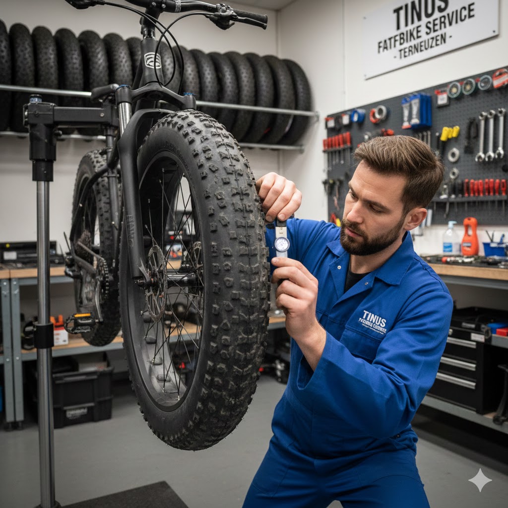Een ervaren monteur van Tinus Fatbike Service in Terneuzen inspecteert nauwkeurig de noppen en het profiel van een fatbike voorband in een professionele werkplaats. De monteur controleert op slijtage, haarscheurtjes en lekken om de veiligheid, grip en actieradius van de fatbike te garanderen. Op de achtergrond zijn diverse reservebanden en gereedschap zichtbaar voor het repareren, plakken en vervangen van banden voor merken zoals Ouxi en V20 in Zeeuws-Vlaanderen.
