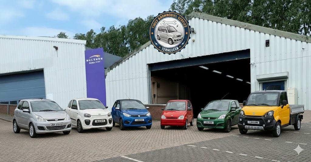 6 brommobielen op 45 km auto's voor de garage en werkplaats van Tinus2Wielers in Terneuzen