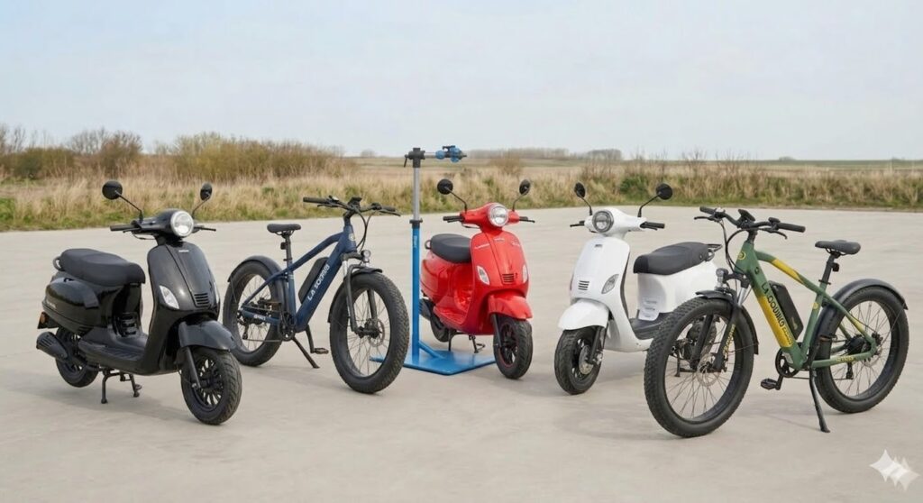 Een rij met vijf La Souris voertuigen op een concrete parking met een droog graslandschap op de achtergrond. Van links naar rechts: een zwarte Sourini scooter, een donkerblauwe Cross fatbike, een rode retro-scooter op een blauwe standaard, een witte City scooter en een groene Cross fatbike. Tinus2wielers in de regio Terneuzen/Hulst is dé specialist voor La Souris reparatie en onderhoud aan al deze modellen, ook als ze elders online zijn gekocht.