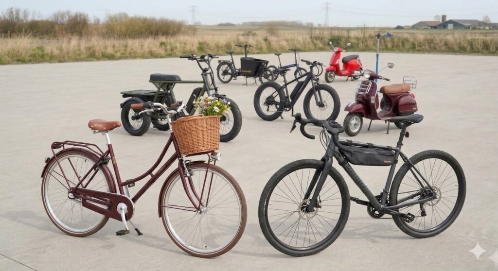 Uitgebreid assortiment voertuigen van Tinus2wielers in Terneuzen met op de voorgrond een klassieke bordeauxrode damesfiets voorzien van rieten mand en een moderne matzwarte gravelbike. Op de achtergrond staan een elektrische Knaap bakfiets, een stoere zwarte fatbike, een compacte blauwe vouwfiets en diverse retro scooters in rood en bordeauxrood opgesteld op een buitenterrein in Zeeuws-Vlaanderen. Deze weergave toont de diversiteit aan gebruikte fietsen, e-bikes en scooters die beschikbaar zijn voor verkoop, technische aankoopkeuringen en professionele reparatie in de regio Terneuzen, Hulst en de Belgische grensstreek.