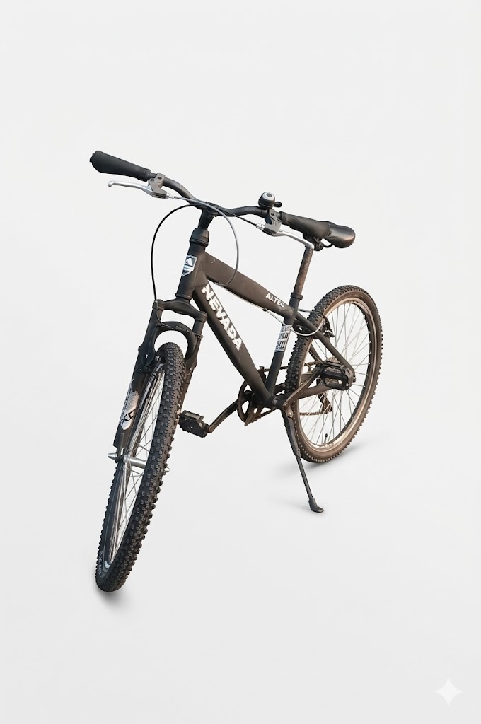 Een vooraanzicht in driekwartperspectief van een robuuste, zwarte Nevada mountainbike met een wit 'Nevada'-logo op het frame. De fiets is volledig vrijstaand gemaakt tegen een effen witte achtergrond en staat stabiel op zijn kickstand. Het beeld toont duidelijk de details van de fiets: de brede, geprofileerde banden met noppenpatroon, de voorvork met vering en de markering 'XC', het zwarte stuur met handvatten en remhendels, de kabels, de crankset met pedalen en het zwarte zadel. De zilverkleurige spaken en de afzonderlijke componenten zijn scherp en helder zichtbaar. Dit is een voorbeeld van een gebruikte, nagekeken mountainbike die als occasion verkrijgbaar is in de fietsenwinkel voor gebruikte fietsen in Zeeuws-Vlaanderen op Tinus2Wielers.