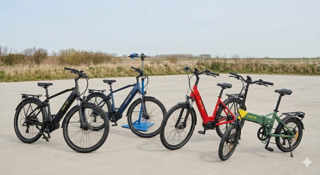Een overzichtsfoto van een zwarte, blauwe, rode en groene Ouxi e-bike, netjes naast elkaar geparkeerd op een verhard buitenterrein met een Zeeuws polderlandschap op de achtergrond. De afbeelding toont diverse modellen, van robuuste fatbikes tot een compact vouwmodel, die representatief zijn voor de Ouxi fietsen die door Tinus2wielers in Zeeuws-Vlaanderen worden gerepareerd, inclusief bandenservice en remmen-onderhoud.